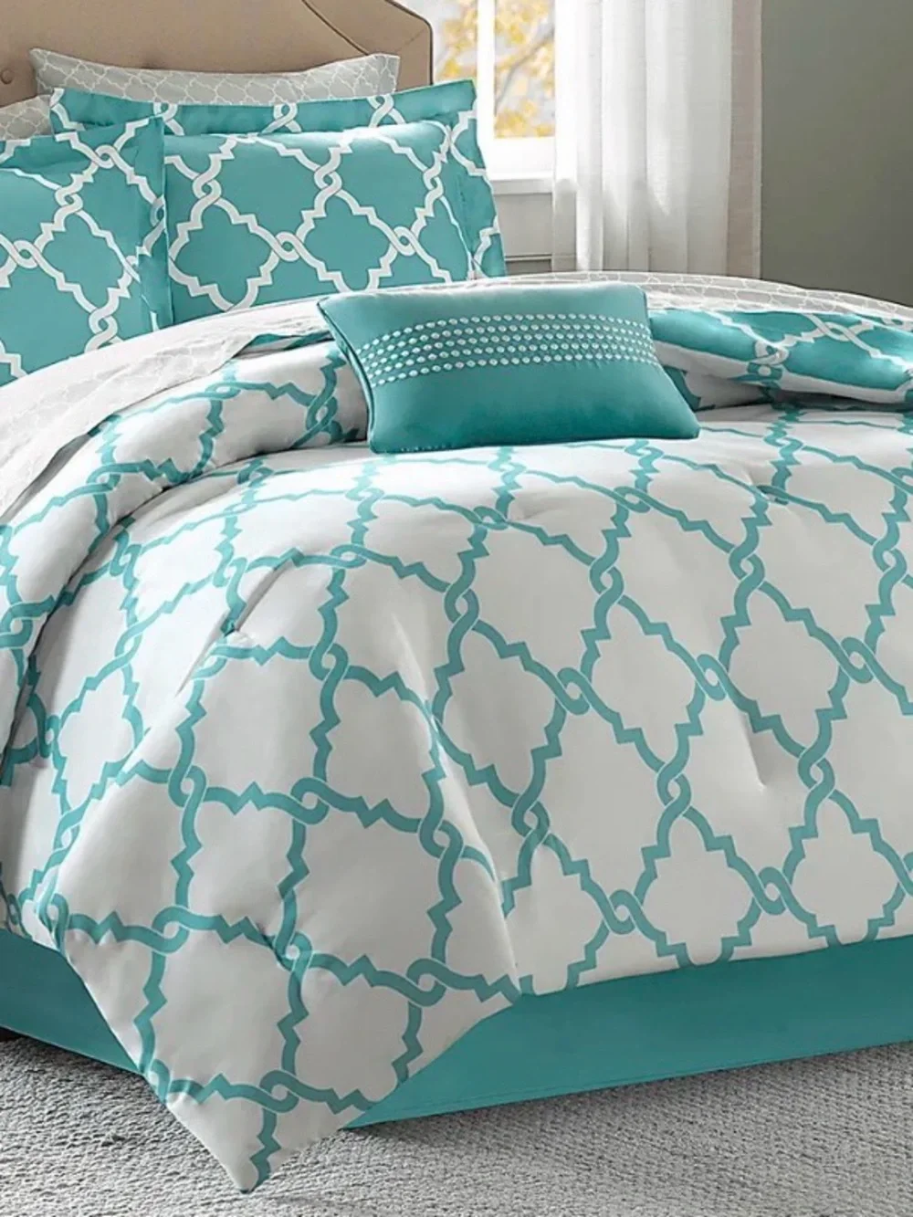 Teal Geometric Reversible Duvet Cover Set - Queen